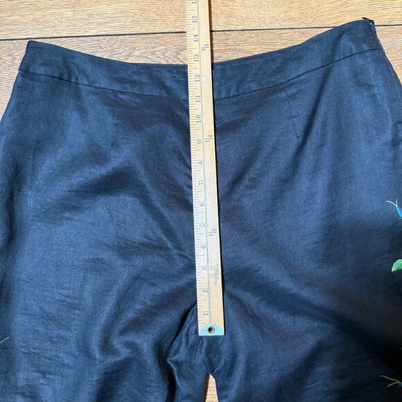 Allison Taylor Black Linen Pants 14 Embroidered Floral Cropped Boho Straight Leg - Picture 9 of 10